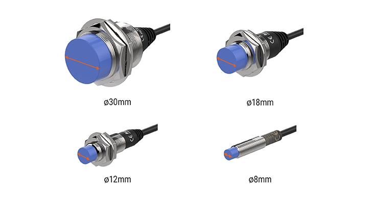 IO-Link PRD 传感器外观 (Ø30, Ø18, Ø12, Ø8)