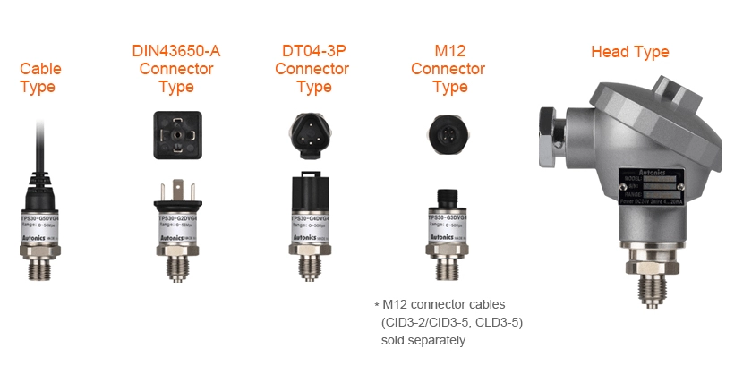 多种连接器压力传感器 (电缆, DIN, DT, M12, 头部)
