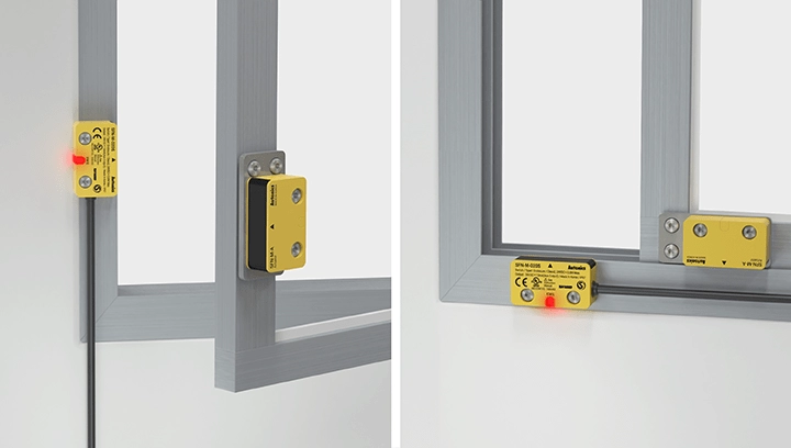 根据门开合方向安装安全开关示例。