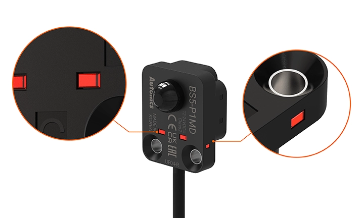 传感器结构放大图,正面和侧面均有指示灯