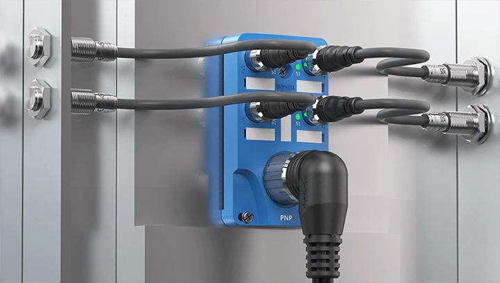 使用 M12 连接器的传感器电源和信号连接示例