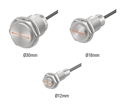 检测面尺寸为Ø30mm、Ø18mm、Ø12mm等多种配线规格传感器