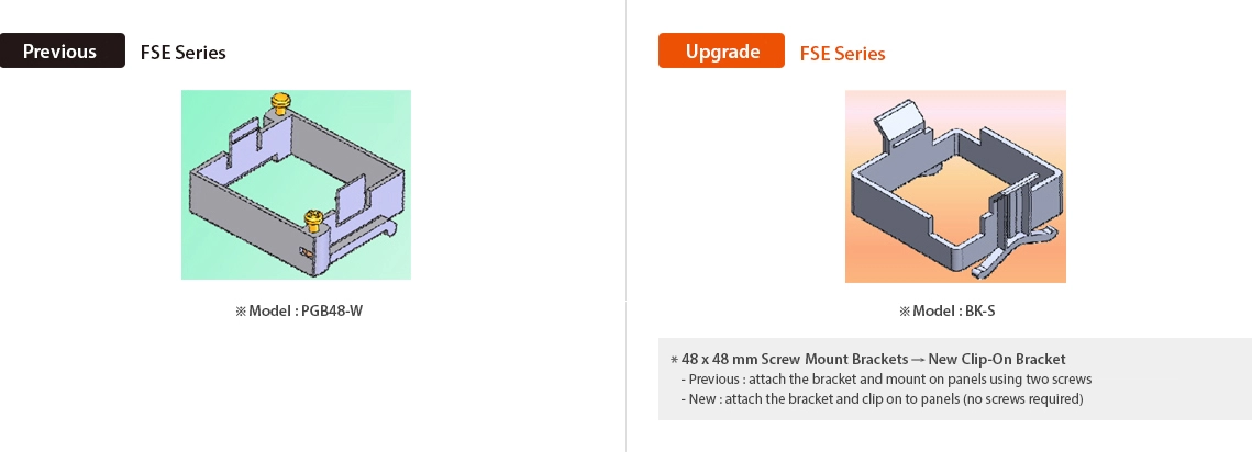 Previous : FSE Series ※Model : PGB48-W, Upgrade : FSE Series ※Model : BK-S *48x48mm Screw Mount Brackets → New Clip-on Bracket -Previous : attach the bracket and mount on panels using two screws, -new:attach the bracket and clip on to panels (no screws required)