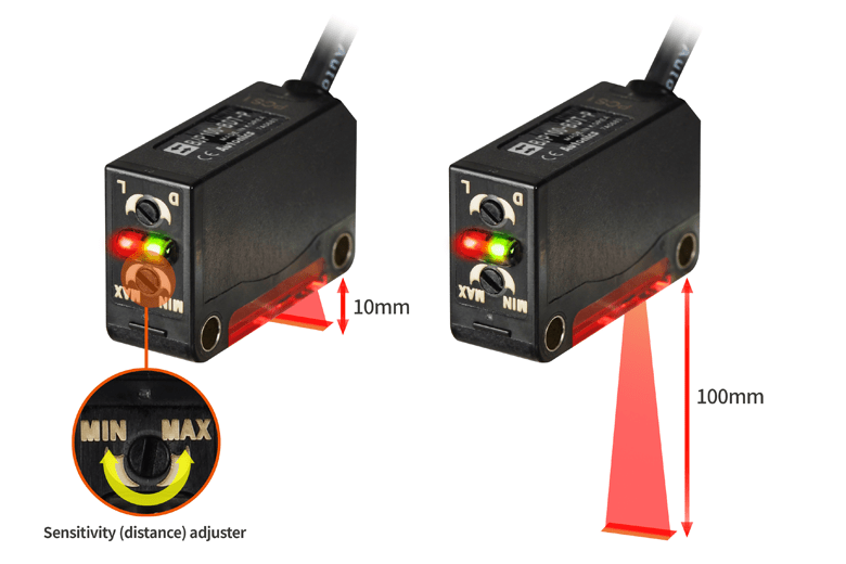 检测距离可在 10 毫米到 100 毫米范围内调节的光电传感器的距离范围说明